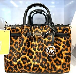 Michael Kors SM Carson Pebbled Leather Leopard Print Satchel Bag Butterscotch